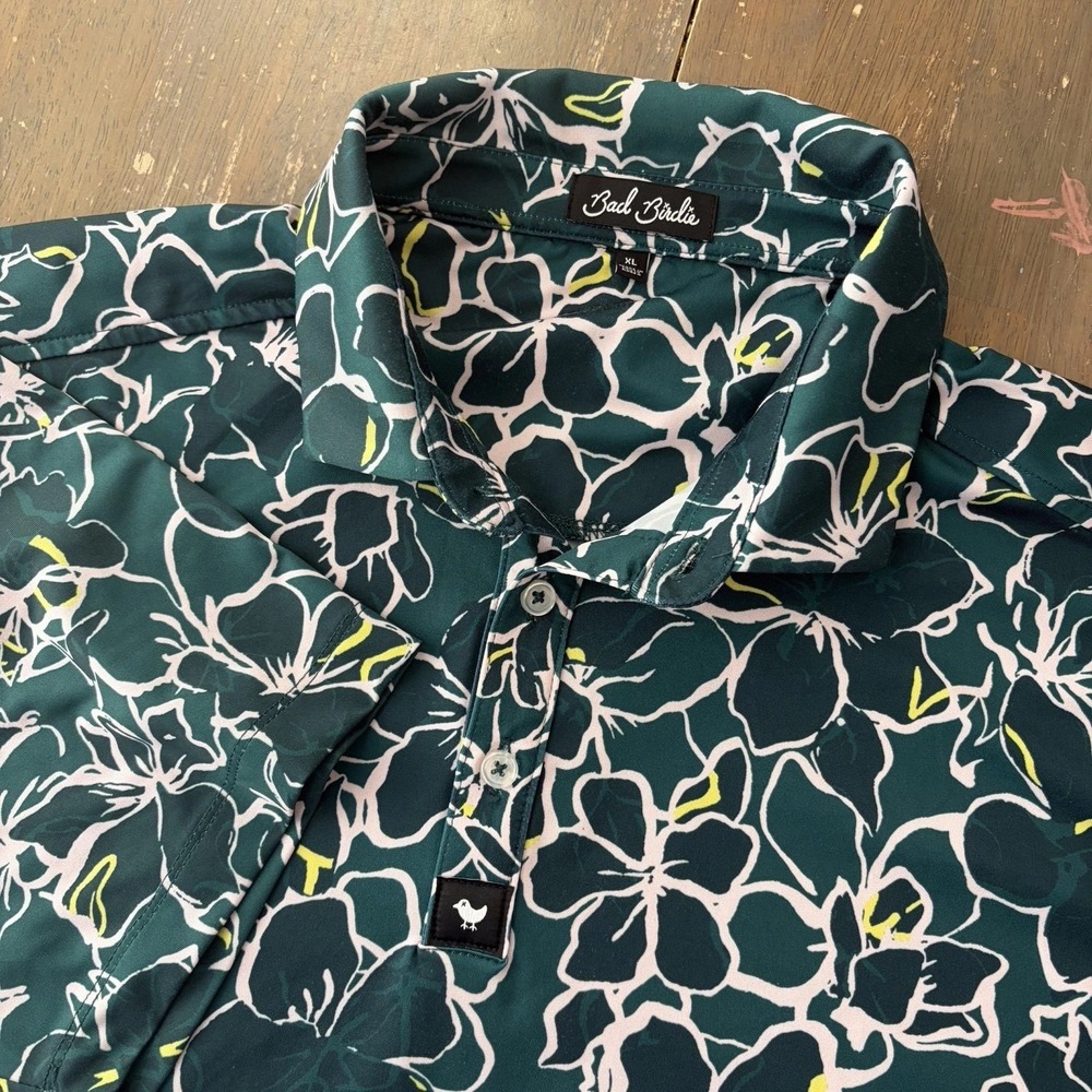 Bad Birdie Polo Shirt Mens XL green Floral Abstract Geometric Golf Performance